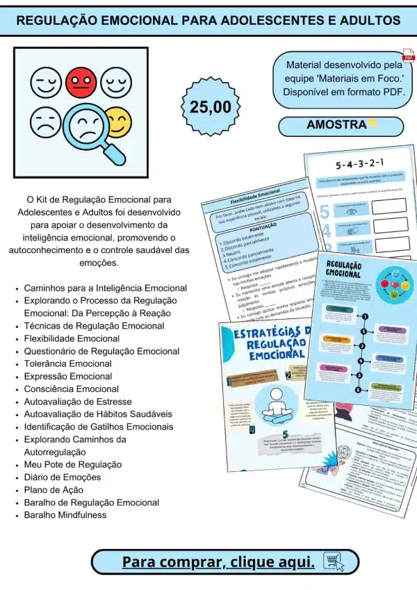 Kit Terapêutico Regulação Emocional para Adolescentes e Adultos – recursos psicológicos e psicoeducativos