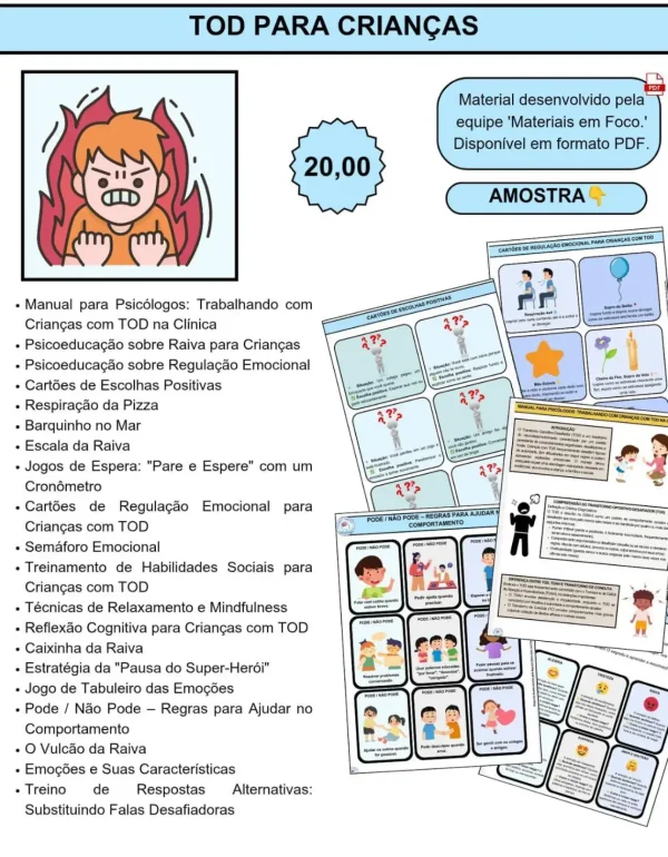 Kit TOD para Crianças – Material terapêutico em PDF para psicólogos trabalharem regulação emocional e raiva infantil