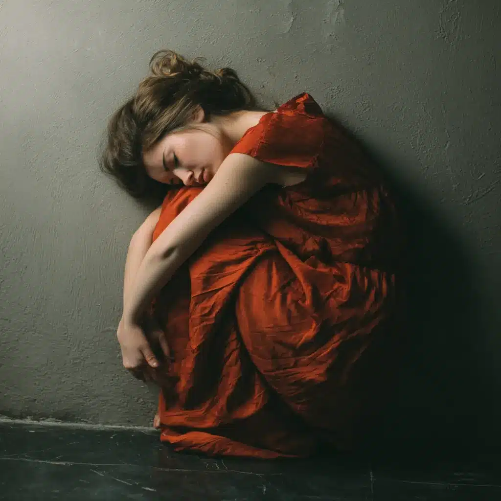 Mulher encolhida no chão com expressão de tristeza profunda, ilustrando o post “8 Sinais de Depressão que Você Não Pode Ignorar” da Central do Ser