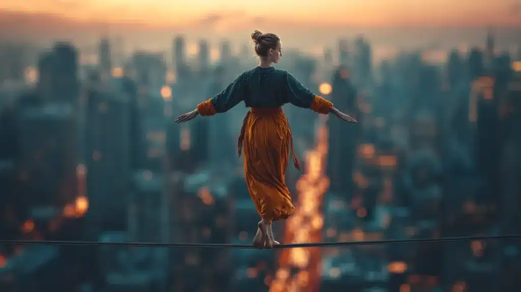 Mulher se equilibrando em uma corda bamba acima de uma cidade iluminada ao entardecer, ilustrando o papel do Ego em manter o equilíbrio entre o Id, o Superego e a realidade externa.