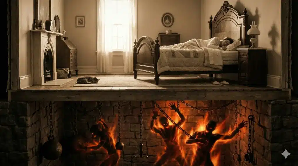 Ilustração em corte transversal mostrando uma pessoa dormindo pacificamente em um quarto antigo, enquanto abaixo do assoalho, no porão, figuras de fogo acorrentadas se agitam, representando os desejos reprimidos no inconsciente.