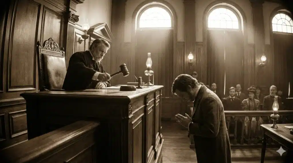Cena dramática de um tribunal antigo com um juiz severo no alto e um homem de cabeça baixa recebendo a sentença, representando o julgamento do Superego e a culpa na psicanálise.