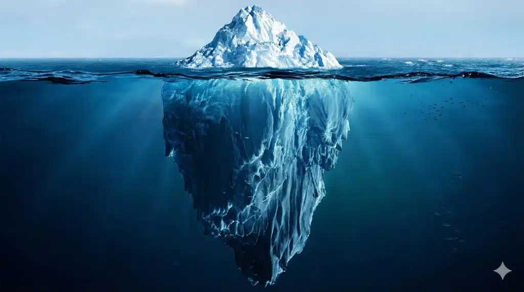 Ilustração realista de um iceberg no oceano com a ponta visível e uma enorme massa submersa, demonstrando a teoria da mente de Sigmund Freud.