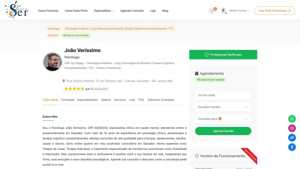 Perfil completo de profissional de saúde mental na Central do Ser com informações sobre atendimento, valores, horários e agendamento de sessão