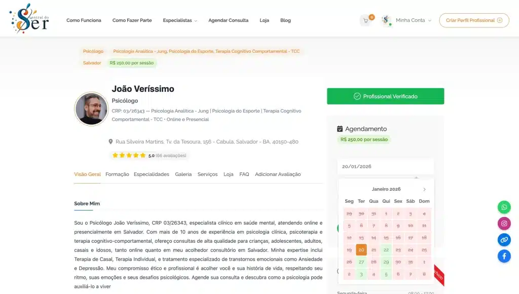 Calendário de agendamento da Central do Ser com dias disponíveis em verde para marcar sessão com profissional de saúde mental