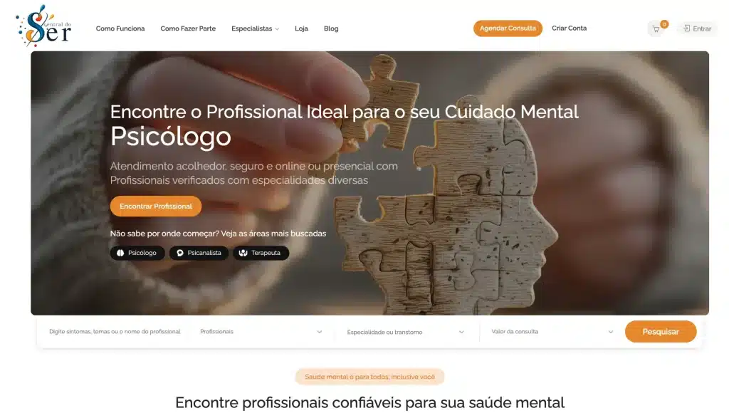 Página inicial da Central do Ser mostrando opções para encontrar psicólogos, psicanalistas, terapeutas e outros profissionais de saúde mental