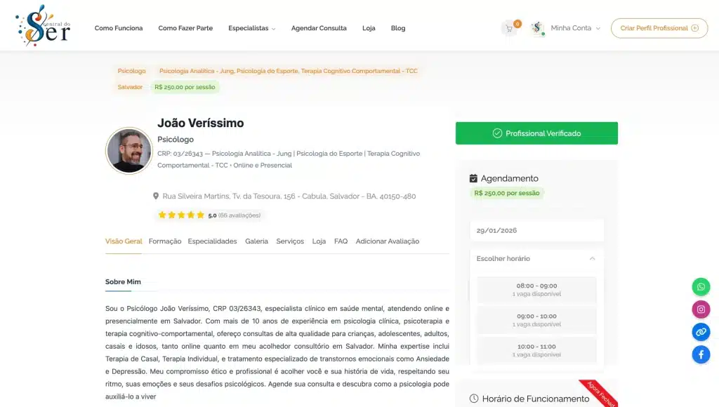 Campo de escolha de horário no agendamento da Central do Ser mostrando horários disponíveis para marcar sessão com profissional de saúde mental