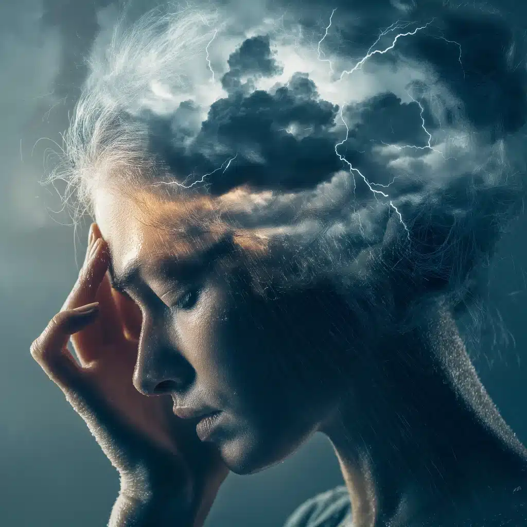 Ilustração artística de perfil de uma mulher tocando a têmpora com expressão de dor, fundida com imagens de nuvens de tempestade e raios na cabeça, representando enxaqueca tensional e estresse crônico.