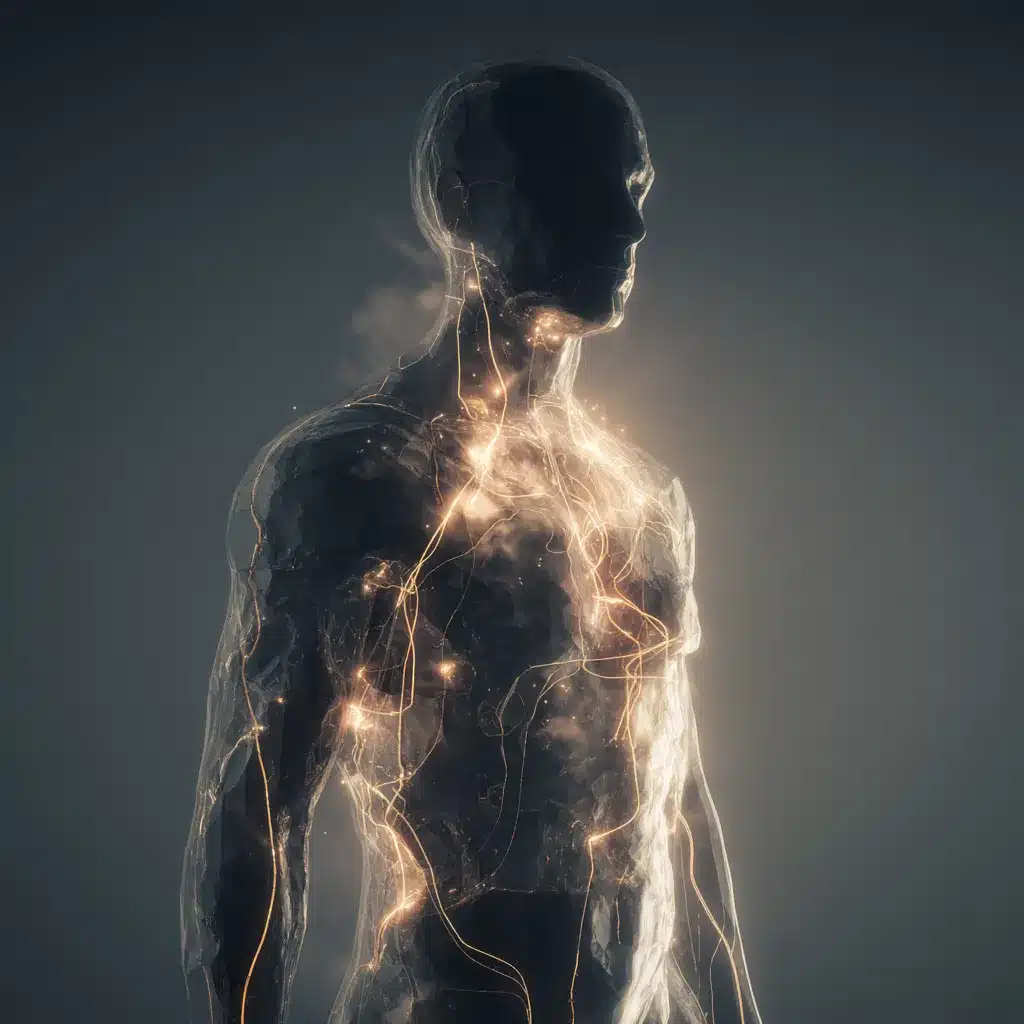 Ilustração de uma figura humana transparente mostrando o sistema nervoso brilhando intensamente com energia elétrica, representando a ativação da resposta de luta ou fuga e o estresse crônico no corpo.