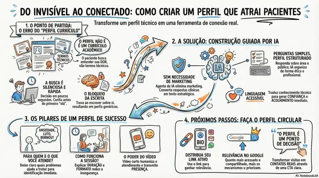 Infográfico explicando como criar um perfil profissional na psicologia que atrai pacientes, destacando erros comuns, construção guiada por IA e estratégias para gerar conexão e visibilidade