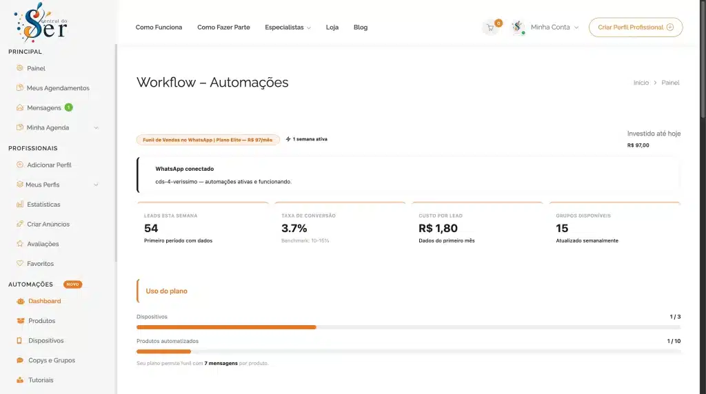 Dashboard da Central do Ser mostrando que o WhatsApp pode vender por você com leads, taxa de conversão, custo por lead e grupos disponíveis
