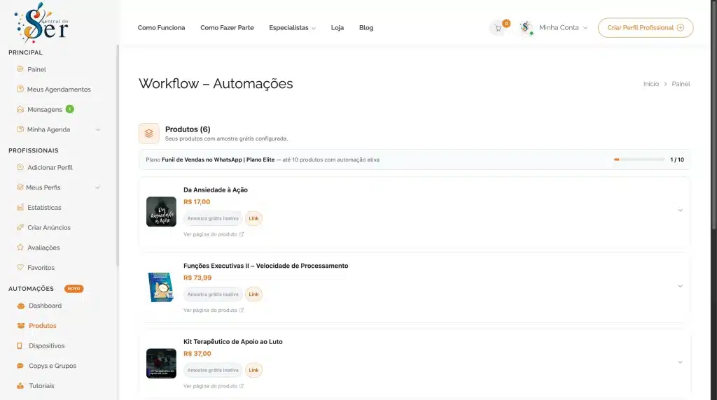 Lista de produtos no Workflow & Automações da Central do Ser com preços, links e status de amostra grátis para infoprodutos