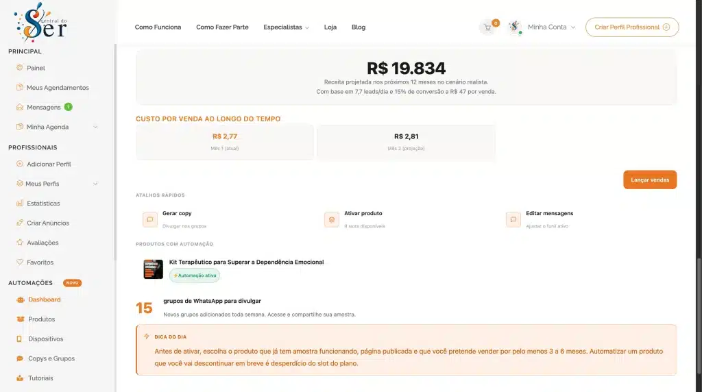 Painel da Central do Ser com receita projetada, custo por venda e grupos de WhatsApp para divulgar infoprodutos